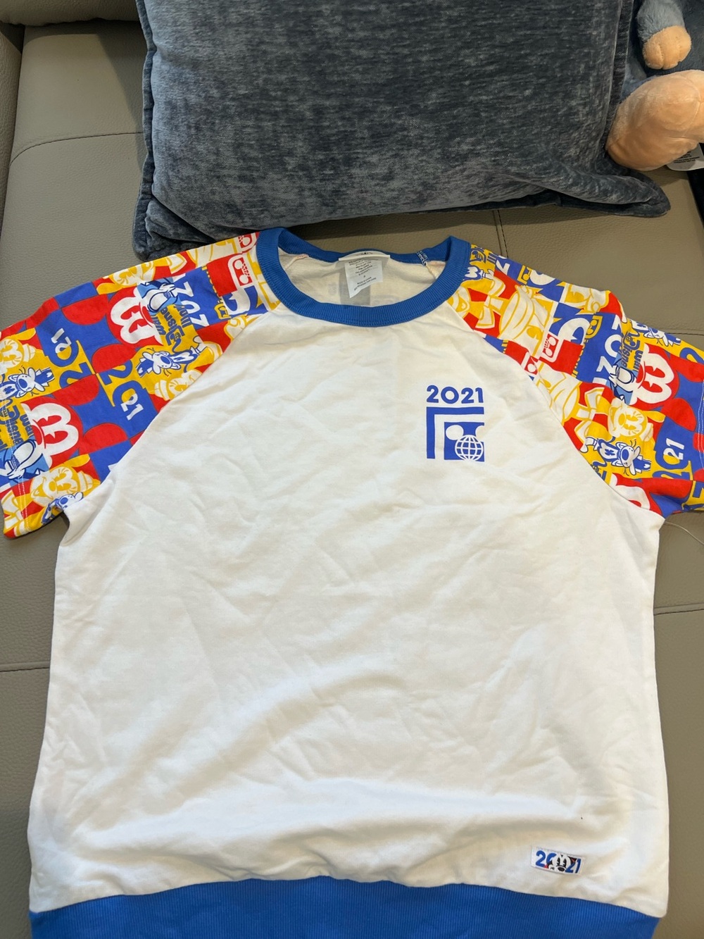 Disney White & Blue Raglan Tee with Multicolor Character Sleeves